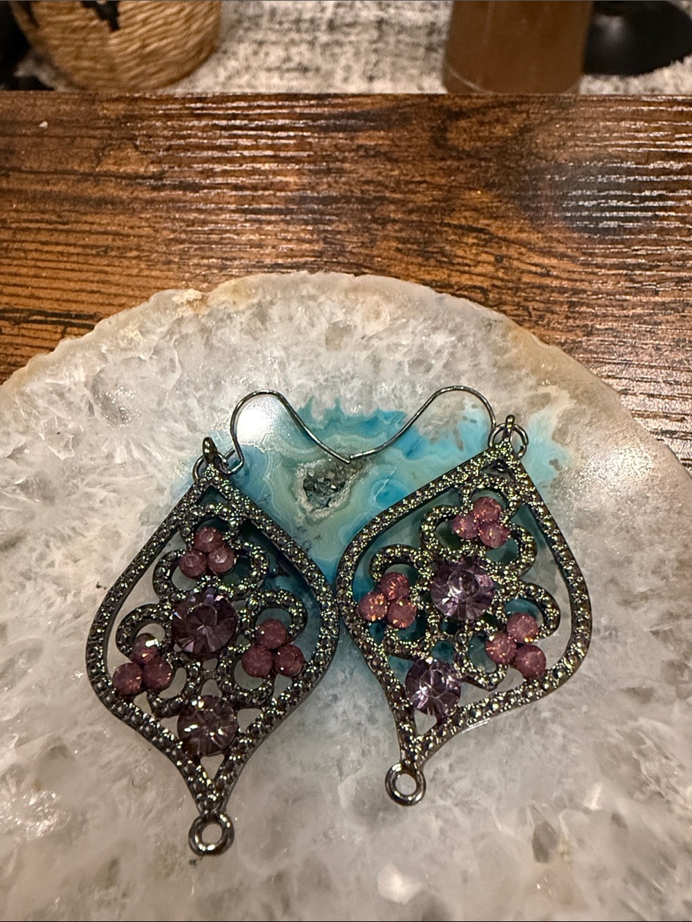 Vintage-Inspired Filigree Drop Earrings with Pink and Purple Stones